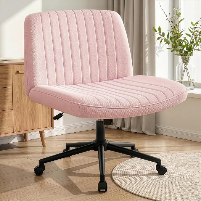 NEO CHAIR Criss Cross Chair with Wheels Armless Cross Legged Office Desk Wide Comfy Vanity Makeup Chair Adjustable Swivel Rolling Computer for Home Office Fabric (Pink)