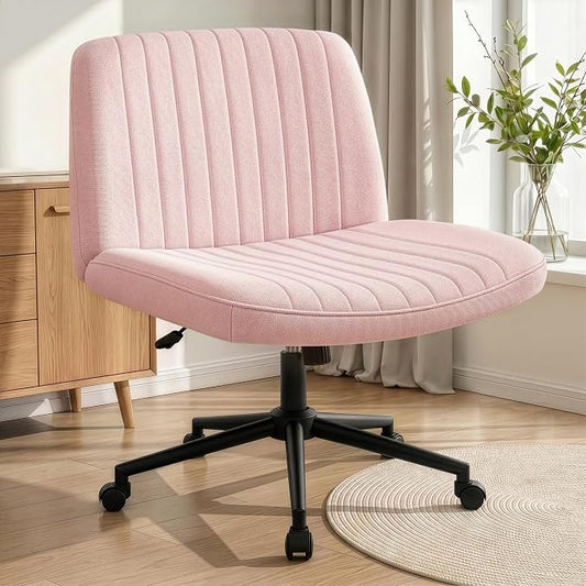 NEO CHAIR Criss Cross Chair with Wheels Armless Cross Legged Office Desk Wide Comfy Vanity Makeup Chair Adjustable Swivel Rolling Computer for Home Office Fabric (Pink)