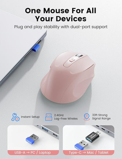 Pink Wireless Mouse for Laptop, 2.4GHz Computer Mouse with USB-A Port &USB-C Adapter, Cordless Office Mice with 6 Buttons & 3 Level DPI for Small to Medium Hands, Work with PC, Desktop, Tablet - M21