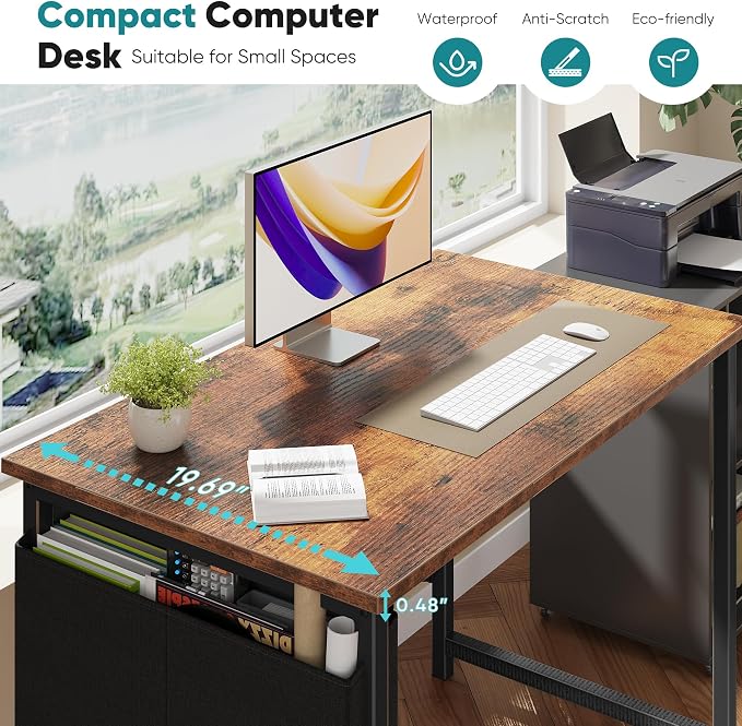 OLIXIS Small Computer Desk, 31 Inch Home Office Desks, Writing Study Craft Work Gaming Table, Computer Workstation for Bedroom Small Spaces with Storage Bag and Headphone Hook, Rustic Brown