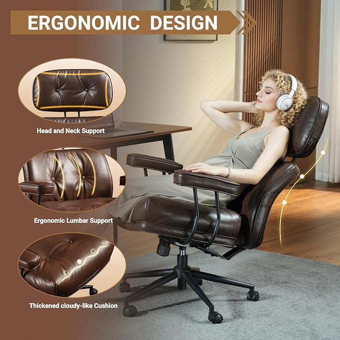 Home Office Chair,Ergonomic Computer Chair with Lumbar Support Adjustable Height,Mid-Century Modern Office Chair with Rolling Swivel Chair for Home Office Game Study(PU Leather Chair,Coffee)