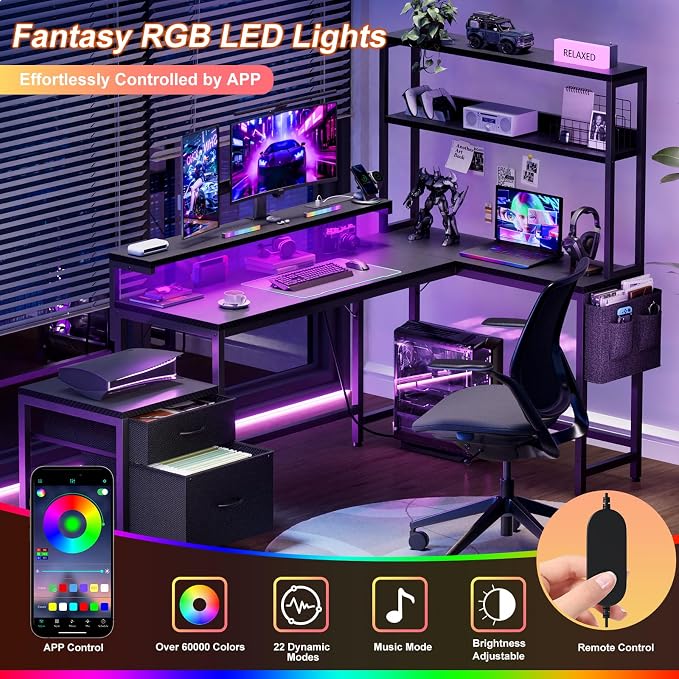REAHOME 70 Inch L Shaped Desk with File Drawers and Reversible Storage Shelves, Computer Desk with Power Outlet & LED Strip, Home Office Desks, Writing Study Desk for Bedroom, Carbon Fiber Black