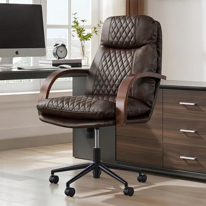 KISLOT Home Office Desk Chair, Ergonomic Office Chair with Lumbar Support, Adjustable Swivel Computer Chair with Wheels, Faux Leather Executive Task Chair with Wood Arms, Espresso