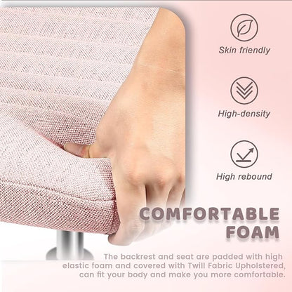 LEMBERI Fabric Padded Desk Chair No Wheels, Armless Wide Swivel Home Office Desk Chair,120° Rocking Mid Back Ergonomic Computer Task Vanity Chair for Office, Home, Make Up,Small Space (Pink)