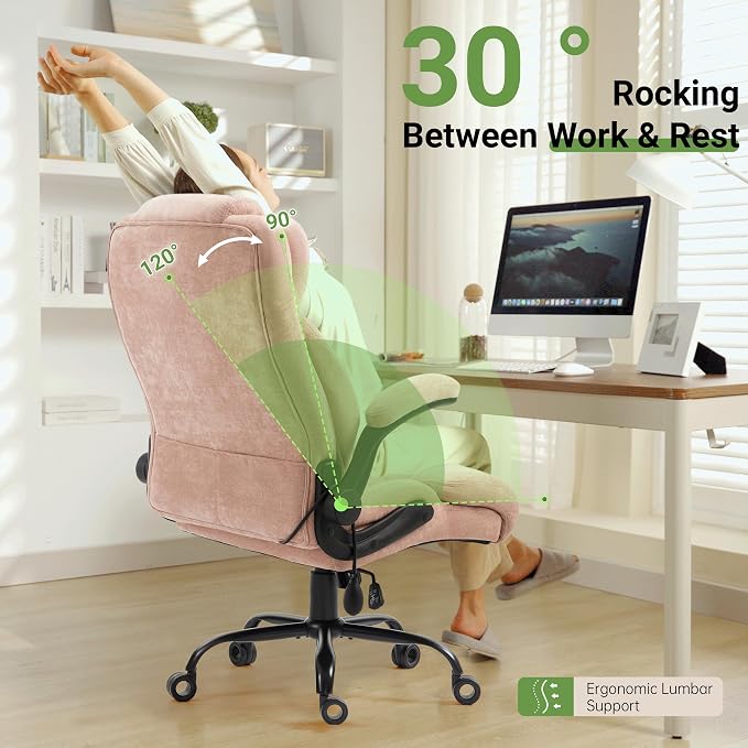 Office Chair, Big and Tall Executive Chairs with Lumbar Support for Back Pain, Breathable Fabric Desk Computer Chair with Adjustable Flip-up Armrests,Wide Cushion Swivel Home Office Chair Black,Pink