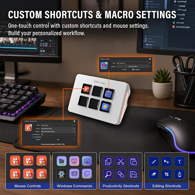 Mini Stream Controller Deck, Gaming Streaming Macro Pad Keypad, Shortcut Keyboard with 6 Programmable LCD Keys, Customizable Icons & RGB Light, USB Soundboard for Video Editing, OBS, PC, Mac