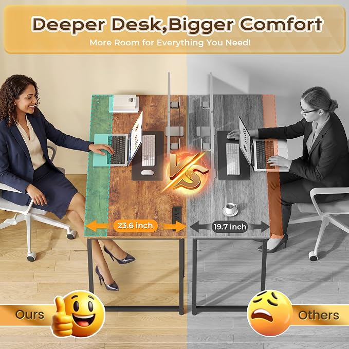 PRAISUN 54 X 24 Inch Computer Desk with Power Outlets & USB-C Port,Larger and Longer Office Desk with Deeper Desktop, Study, Bedroom, Writing Work from Home Table, Metal Frame, Rustic Brown
