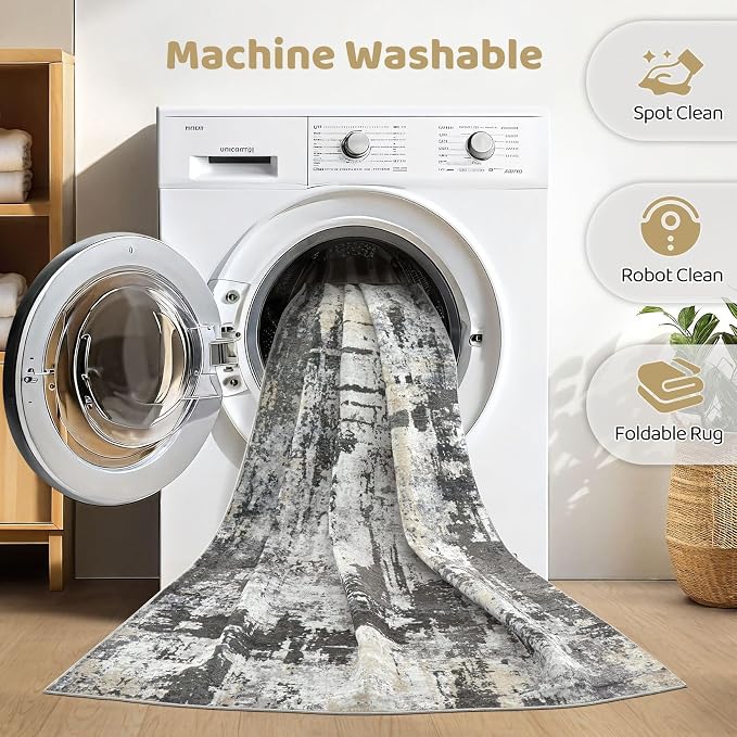 7x10 Area Rug Living Room: Washable Large Abstract Modern Soft Rug Stain Resistant Indoor Floor Non Slip Accent Carpet for Bedroom Nursery Playroom Dining Room Office Dorm Home House- Black Gold