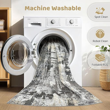 7x9 Area Rug Living Room: Washable Large Abstract Modern Soft Rug Stain Resistant Indoor Floor Non Slip Accent Carpet for Bedroom Nursery Playroom Dining Room Office Dorm Home House- Black Gold