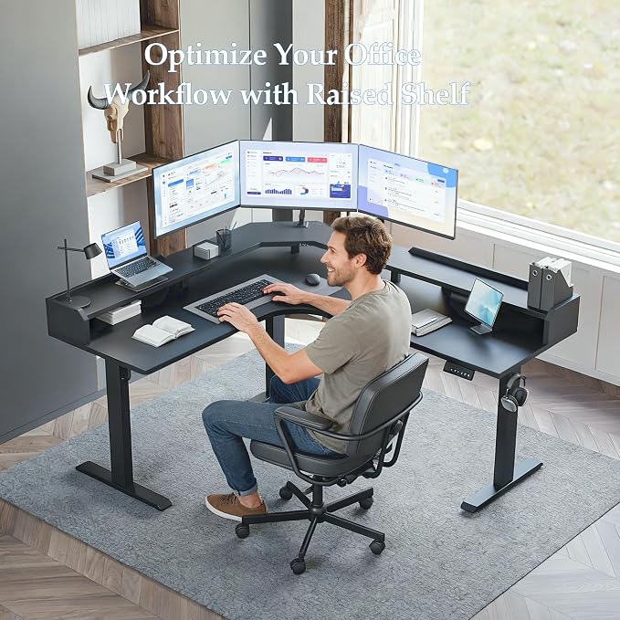 Klicelor L Shaped Electric Standing Desk 63 x 55 inch with Shelf, Height Adjustable Corner Desk, Sit Stand Desk with Storage Shelf, Home Office Computer Table, Black