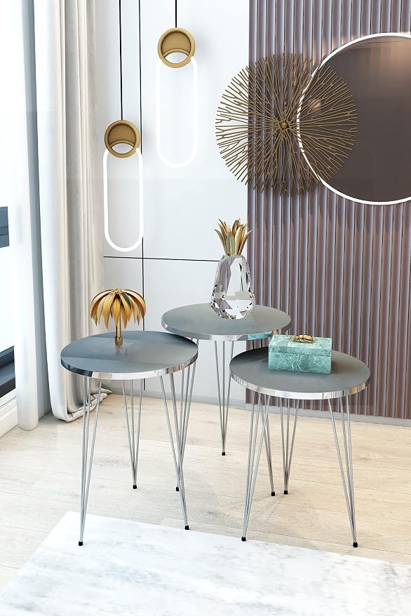 Set of 3 Nesting End Tables Round Wood Stacking Coffee Side Accent Table with Metal Legs for Living Room, Home Office, Nightstands for Bedroom