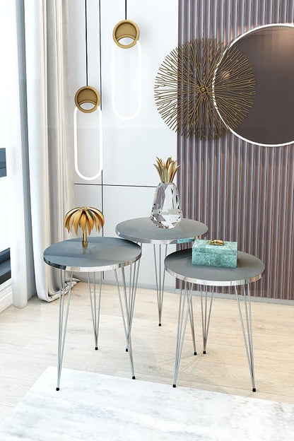 Set of 3 Nesting End Tables Round Wood Stacking Coffee Side Accent Table with Metal Legs for Living Room, Home Office, Nightstands for Bedroom