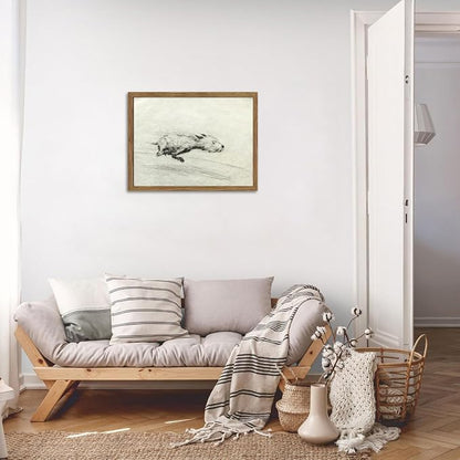 Framed Dog with Zoomies Canvas Wall Art, Vintage Dog Flight Poster Print, Sketch Running Little Pictures Decor, Black and White Silly Wall Decor for Living Room Bedroom – 16x24 inch