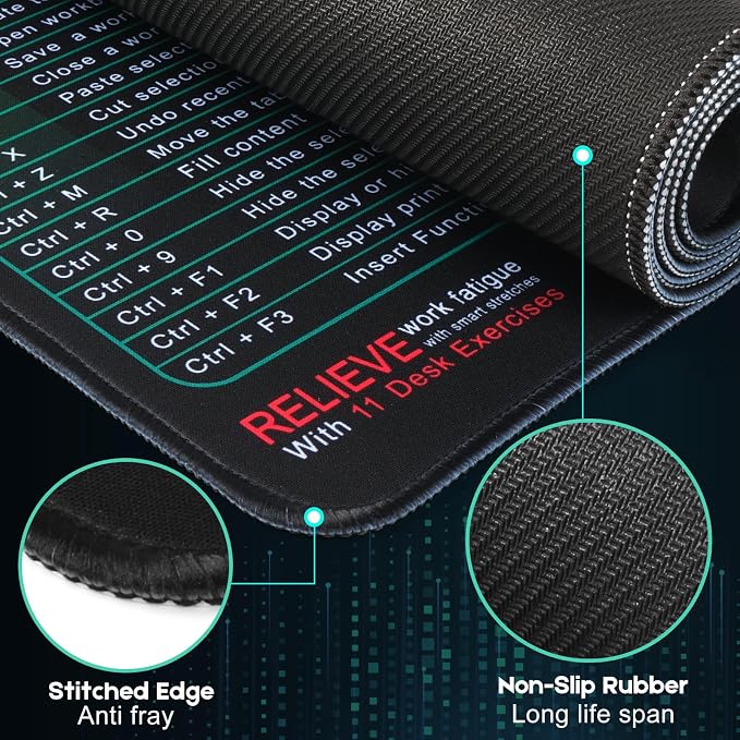 Excel Cheat Sheet Mouse Pad Set | 3-Piece XXL Ergonomic Desk Mat with Wrist Rest for Office & Gaming(Black)