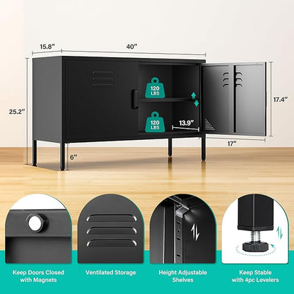 SISESOL Black Metal Storage Cabinet with Doors and Shelves,2 Door Wide Metal Locker Accent Storage Cabinet with Leg & Vent Hole,Wide TV Cabinets,Low Side Cupboard for Home,Office,Dining/Living Room