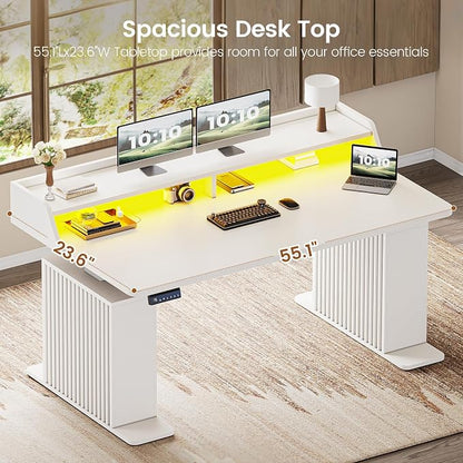 SEDETA Standing Desk with Storage, 55" Fluted Stand Up Desk with Power Outlets & LED Lights, Height Adjustable Table with Monitor Shelf for Home Office, Gaming, White