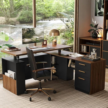 ModernMate 63" Standing Desk with File Cabinet, Privacy Panel, AC/USB, 1.18" Desktop, Executive L Shaped Height Adjustable Electric Stand Up Desk, Home Office Table with 3 Drawers, Black Walnut