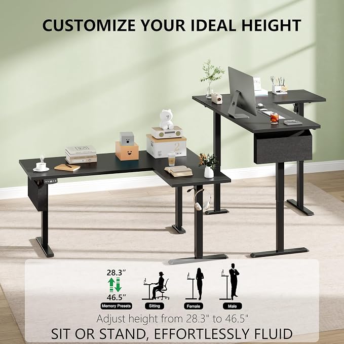 63” L Shaped Electric Standing Desk, Height Adjustable Computer Desk with LED Screen & Memory Presets, Ergonomic Sit to Stand Desk with Headphone Hook for Home, Office and Workstation, Dark Black