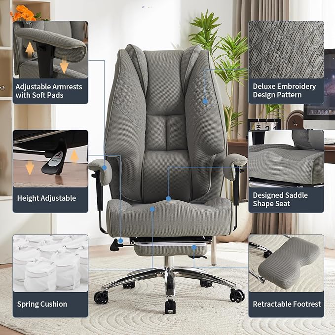 EXCEBET Big and Tall Office Chair 400lbs Wide Seat, Leather High Back Executive Office Chair with Foot Rest, Ergonomic Chairs Lumbar Support for Lower Back Pain Relief (Mesh Light Grey)