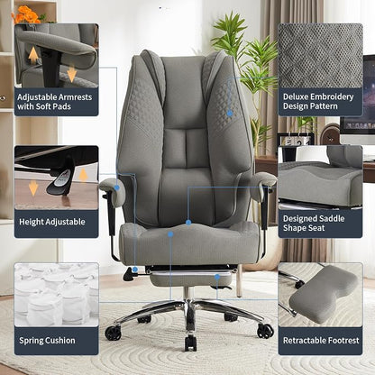 EXCEBET Big and Tall Office Chair 400lbs Wide Seat, Leather High Back Executive Office Chair with Foot Rest, Ergonomic Chairs Lumbar Support for Lower Back Pain Relief (Mesh Light Grey)
