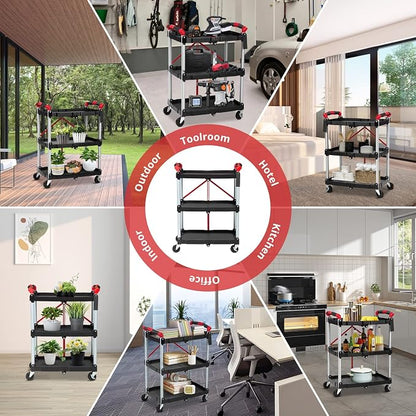 Collapsible Cart with Wheels, Service Cart, Rolling Carts with Wheels Foldable, 3 Tier Rolling Utility Cart, Folding Utility Shopping Cart for Bar, Kitchen, Office, Garage, Tool