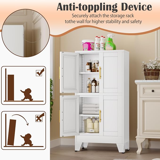 pozdeg Metal Storage Cabinet, 47.2" H Pantry Kitchen Storage Cabinets with 4 Doors and 2 Adjustable Shelves, Versatile Buffet Sideboards Cupboard for Home Office Garage or Gym (White)