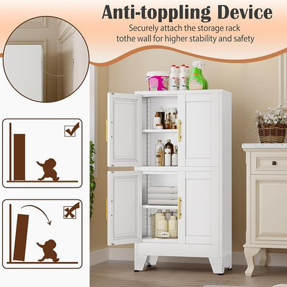 pozdeg Metal Storage Cabinet, 47.2" H Pantry Kitchen Storage Cabinets with 4 Doors and 2 Adjustable Shelves, Versatile Buffet Sideboards Cupboard for Home Office Garage or Gym (White)