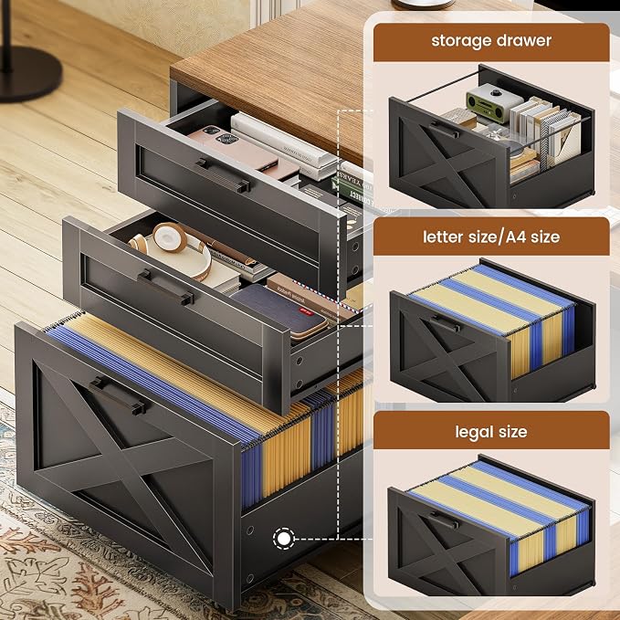 SEDETA 67" Farmhouse L Shaped Desk with Hutch, Home Office Desks with Drawers & Sliding Doors, Corner Computer Desk with Storage Shelves & Power Outlets, Executive Desk with LED Lights, Black+Brown
