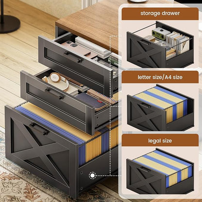SEDETA 67" Farmhouse L Shaped Desk with Hutch, Home Office Desks with Drawers & Sliding Doors, Corner Computer Desk with Storage Shelves & Power Outlets, Executive Desk with LED Lights, Black+Brown