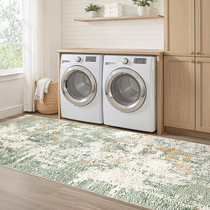 Runner Rug Kitchen Washable Rugs: 3x10 Non-Slip Abstract Soft Modern Stain Resistant Indoor Floor Neutral Accent Throw Carpet for Hallway Bathroom Laundry Room Entryway Bedroom- Green