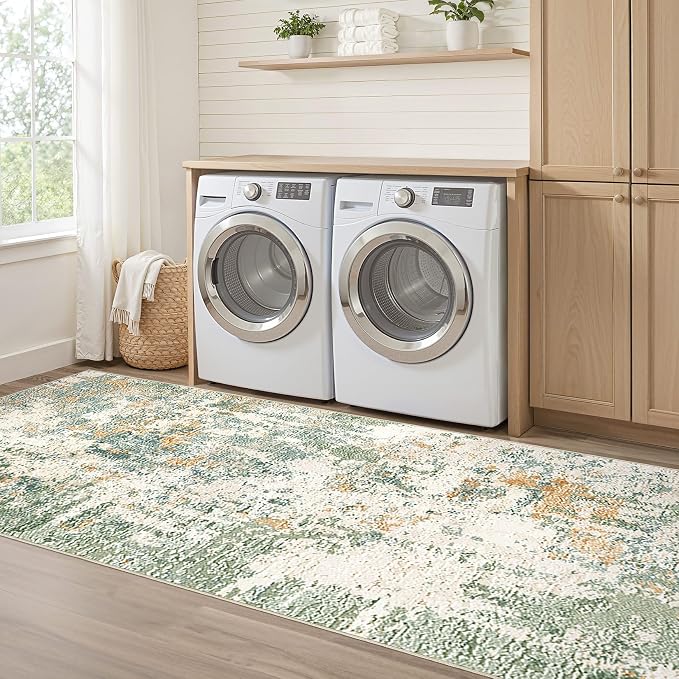 Runner Rug Kitchen Washable Rugs: 2x5 Non-Slip Abstract Soft Modern Stain Resistant Indoor Floor Neutral Accent Throw Carpet for Hallway Bathroom Laundry Room Entryway Bedroom- Green