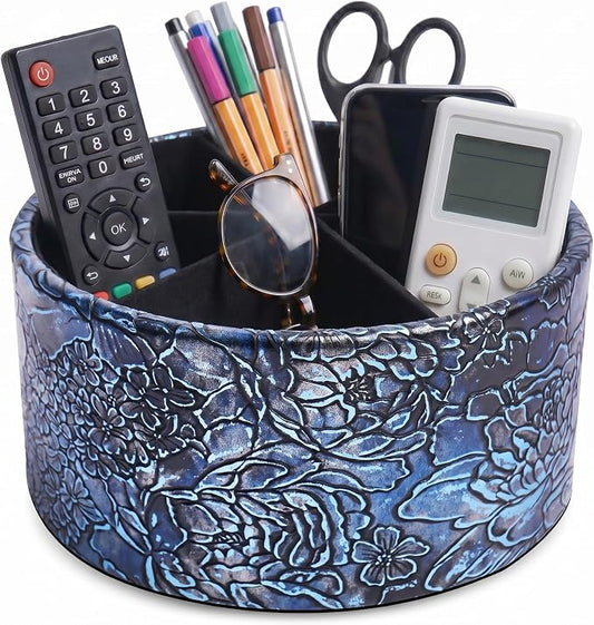 Remote Control Holder, 360°Spinning PU Leather Desk TV Remote Caddy,Desk Storage Box Room Accessories for Controller, Media,Mail,Calculator, Mobile Phone,Pencil(1B-Rich Flower Blue)