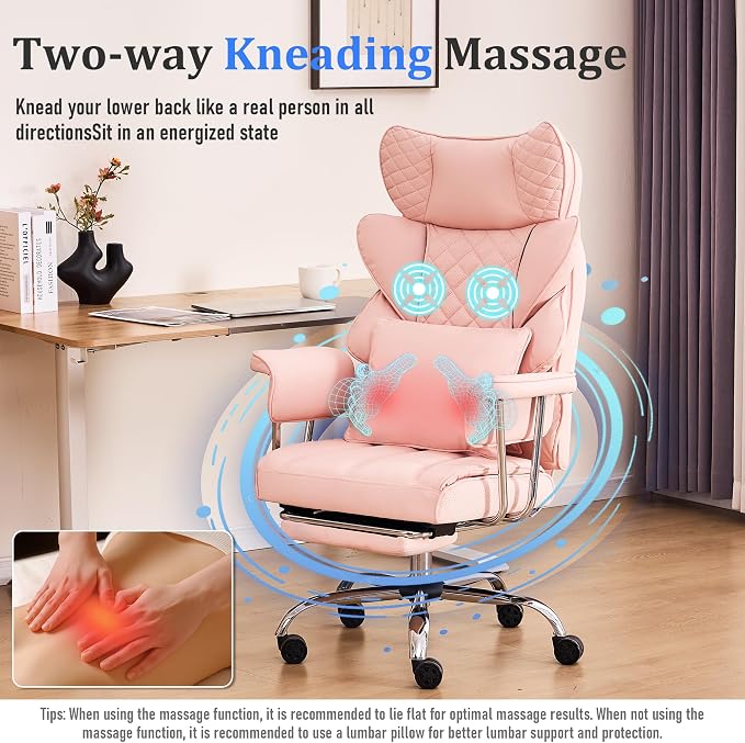 DYHOME 500 lbs Reclining Massage Office Chair with Foot Rest, Kneading Massage Home Office Chairs, High Back Office Desk Chair, Thicker Cushion, Big and Tall Ergonomic Chair for Heavy People, Pink