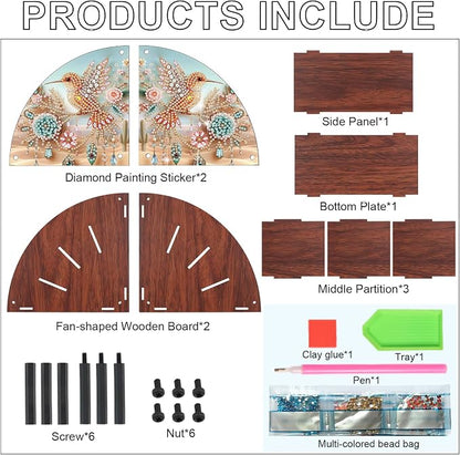 Diamond Art Painting Multi-Grid Storage Box DIY Wooden Double Sided Drill Tabletop Organizer Diamond Painting Kit for Adults Office Home Ornament - Hummingbird & Floral