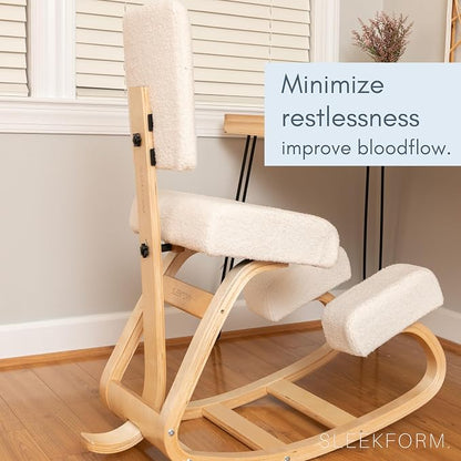 Sleekform East Austin Ergonomic Kneeling Chair with Back Support - Boucle and Wood Ergo Stool for Desk - Best Ergonomic Kneeling Office Chair for Posture and Leg Circulation