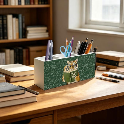 Funny Motivational Tiger Reading Pen Pencil Holder Organizer for Desk Accessories, Book Lover Reader Gifts, Eclectic Green Japandi Animal Bookish Wood Signs for Reading Nook Room Library Decor