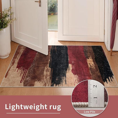 Ciicool 2x6 Washable Runner Rug, Modern Abstract Hallway Rugs Runner, Non-Slip Thin Accent Rug Lightweight Red Black Print Distressed Carpet for Laundry Entryway Bedroom Kitchen Indoor