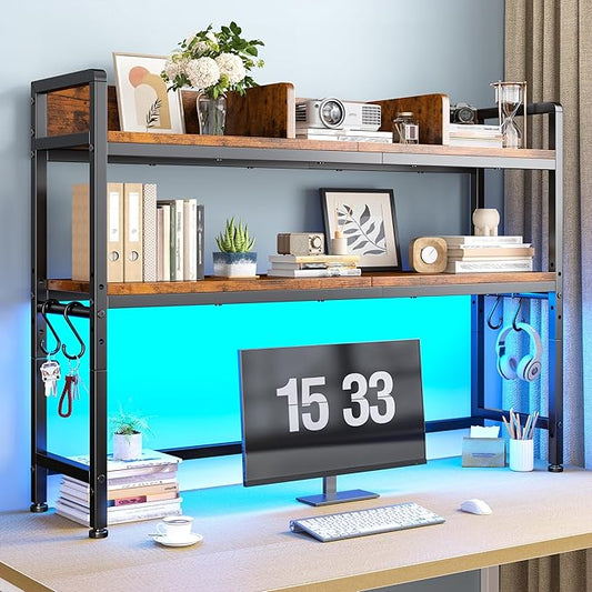 REIBII 45.2" Desk Shelf with LED Lights and Hooks,2-Tier Adjustable Multipurpose Solid Wood Desk Hutch Dorm,Desktop Organizer Rack with 3 Display Rack for Dorm,Office Home,Rustic Brown