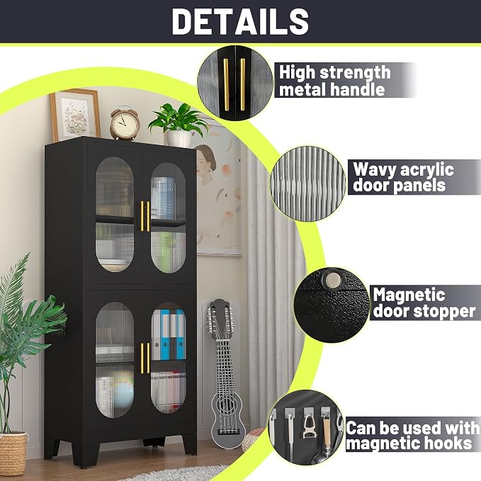PAOFIN 61" Black Pantry Storage Cabinet, Kitchen Pantry Cabinet with Acrylic Glass Doors and Shelves, with Adjustable Leveling Foot for Kitchen, Living Room and Dining Room. 61"