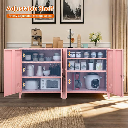 Metal Storage Cabinet 35.4”H Locking Storage Cabinet (Pink) | With 2 Adjustable Shelves and Doors, Pink Small Storage Cabinet for Home Warehouse Office Garage