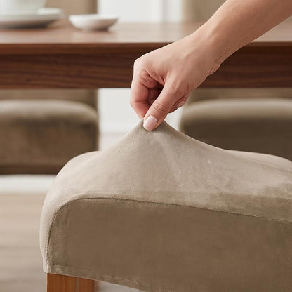 Deisy Dee Stretch XL/Oversized Extra Large Velvet Dining Room Chair Covers for Kitchen Dining，Removable Washable Chair Protectors Slipcovers (Khaki, 4)