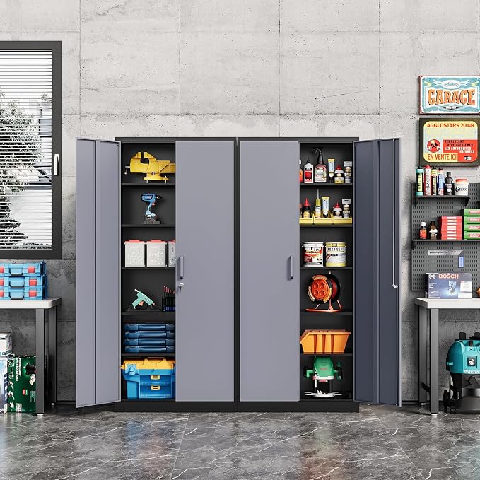 Fesbos Metal Storage Cabinet-72” Tall Steel File Cabinets with Lockable Doors and 5 Adjustable Shelves-Black&Gray Steel Storage Cabinet for Home, School, Office, Garage