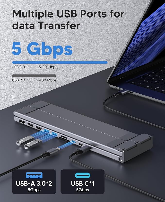 USB C Laptop Docking Station Stand 3 Monitors 4K@60Hz, 10 in 1 USB C Hub with Dual HDMI+DP, 2*USB 3.0, PD 100W, USB C 3.0, SD/TF, Dock Station for MacBook Pro/Air/Dell/HP/Surface/Lenovo