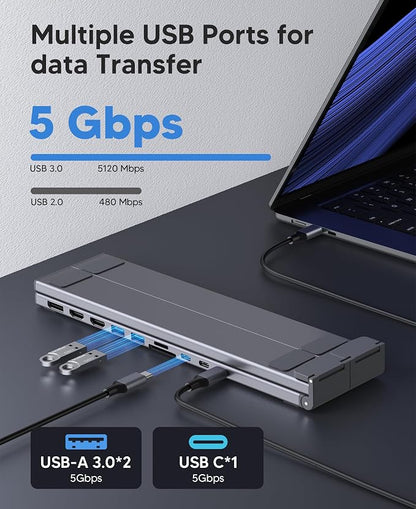 USB C Laptop Docking Station Stand 3 Monitors 4K@60Hz, 10 in 1 USB C Hub with Dual HDMI+DP, 2*USB 3.0, PD 100W, USB C 3.0, SD/TF, Dock Station for MacBook Pro/Air/Dell/HP/Surface/Lenovo