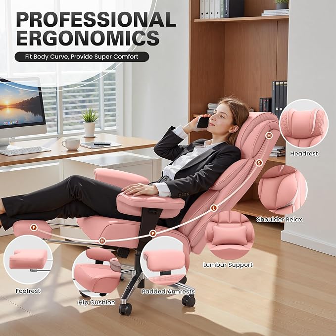 BestGlory Office Desk Chair, Big and Tall Leather Gaming Chair with Footrest, Ergonomic Comfy Executive High-Back Reclining Computer Chairs, Wide Swivel Rolling Wheels and Padded Lumbar Support, Pink
