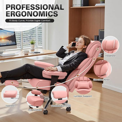 BestGlory Office Desk Chair, Big and Tall Leather Gaming Chair with Footrest, Ergonomic Comfy Executive High-Back Reclining Computer Chairs, Wide Swivel Rolling Wheels and Padded Lumbar Support, Pink