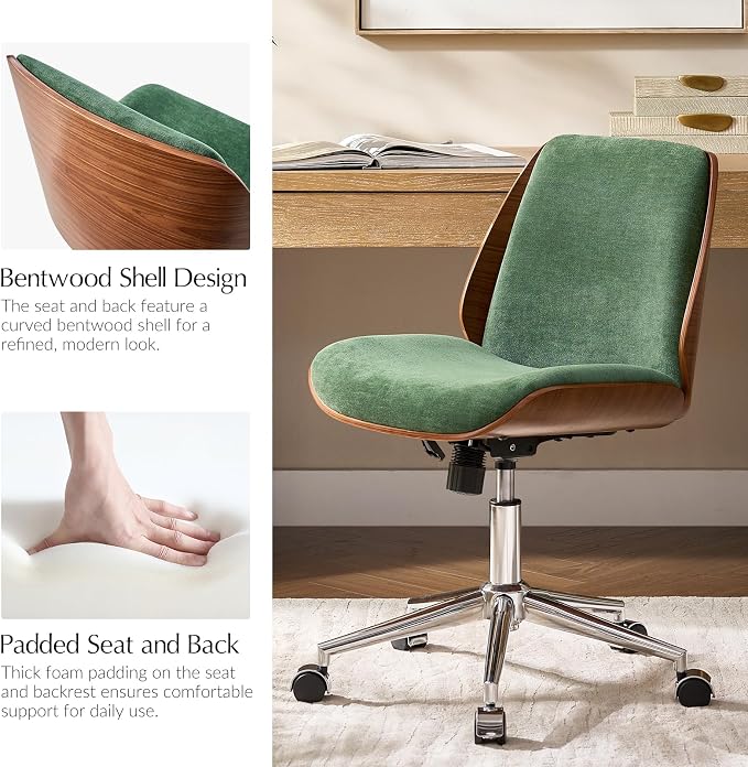 HULALA HOME Fabric Home Office Chair with Bent Wood Design & Rocking Tilt Function, Modern Swivel Desk Chair with Adjustable Height, Comfy Upholstered Armless Computer Task Chair, Forest