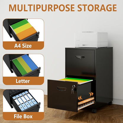 Polup 2 Drawer File Cabinet on Wheels, Mobile Two Drawer Filing Cabinet with Lock, Small Rolling Files Cabinets for Under Desk, Metal Filing Cabinets for Letter Size Folders - Assembly Required