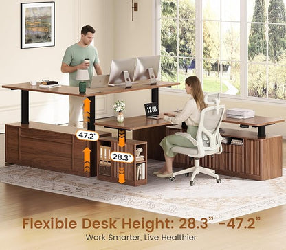 SEDETA L Shaped Electric Standing Desk, 69" x 55" Height Adjustable Office Executive Desk with 4 Drawers and Storage Shelves, Fluted Sit Stand Computer Desk with Power Outlet, Brown