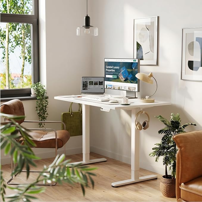 Claiks Electric Standing Desk 48 x 24 Inches, Motorized Sit Stand Desk with 3 Memory Presets & Cable Management, Spacious Ergonomic Computer Workstation for Dual Monitors & Gaming Setup, White